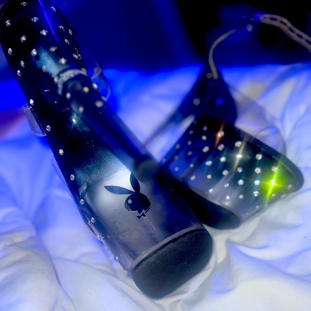 Black and clr rhinestone playboy stripper heels